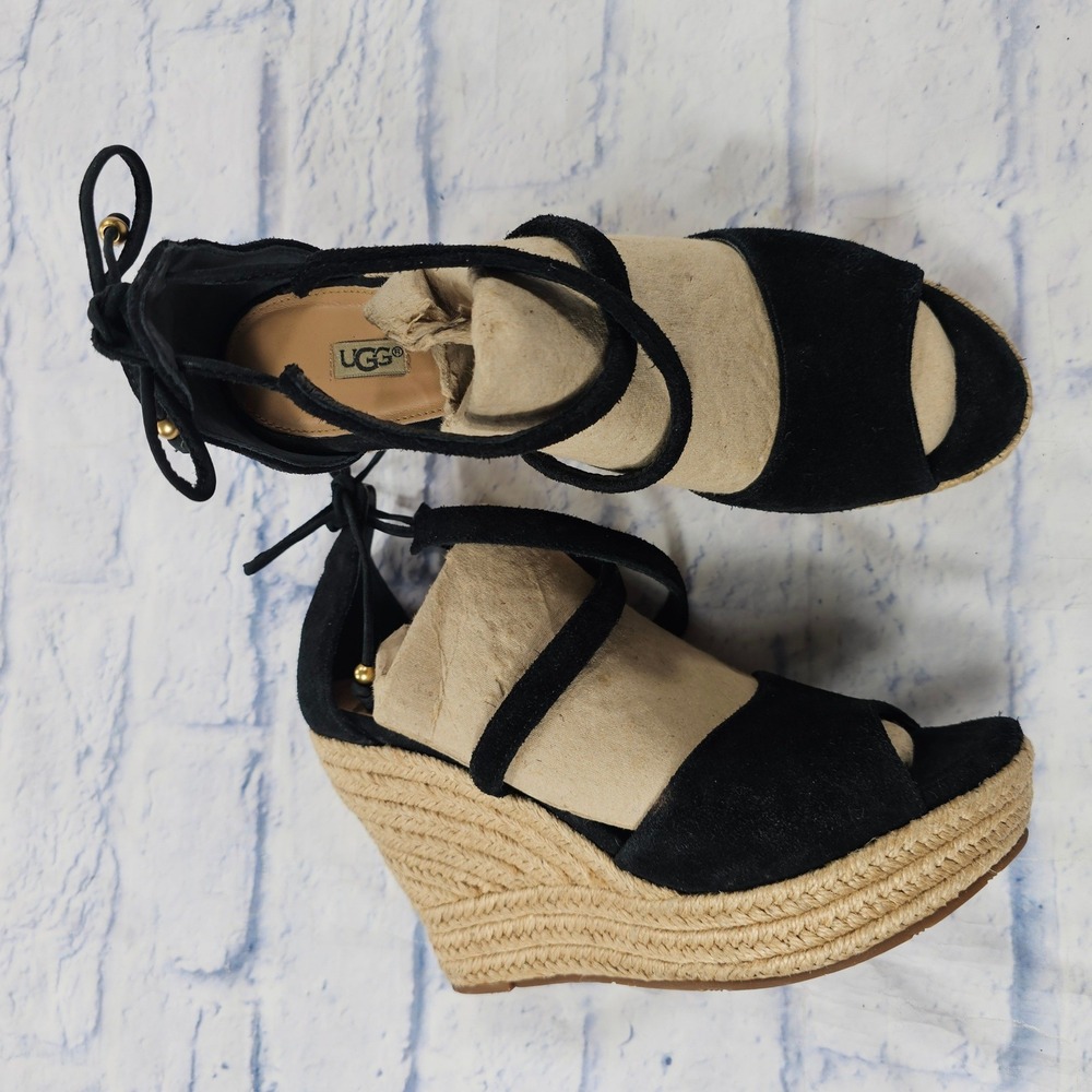 UGG Wedge Sandals Womens 9 Black Suede Espadrille Ankle Tie Lucianna Platform
